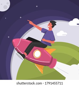 Young Man Flying To The Moon with Rocket Vector Illustration, Chasing Dream Concept, Illustration of Little Kids riding on a Rocket to success