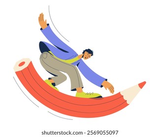 Young man flying on big pencil. Creativity or educational process concept.
