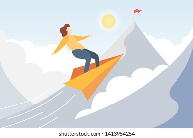 Young man flying on paper plane. Man drive paper plane to the top of the mountain to get the flag. Success and achievement concept. Vector illustration