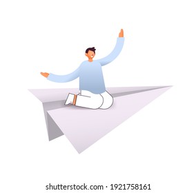 young man flying on paper airplane guy driving plane full length isolated vector illustration