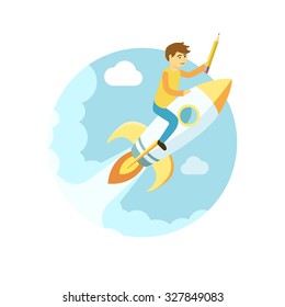 Young man flying on the rocket in the sky. Flat style vector startup illustration.