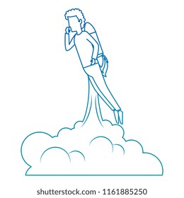 young man flying with rocket