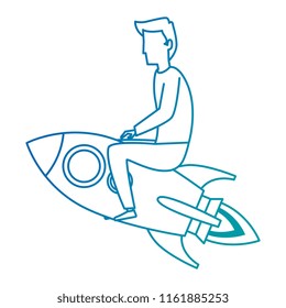 young man flying with rocket