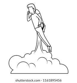 young man flying with rocket