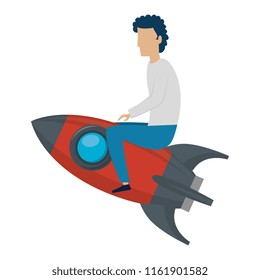young man flying with rocket