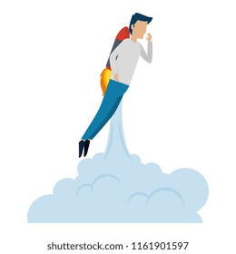 young man flying with rocket