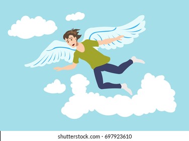 Young man flying with the wings in the sky like a bird.  Freedom, relaxation, mindfulness concept illustration vector.
