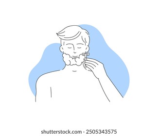 Young man with foam on face shaving with razor to keep skin smooth vector illustration