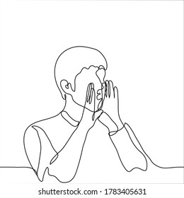 young man folded his palms around his mouth and shouts something. One continuous line art concept of announcement, public / public appeal, public political statement