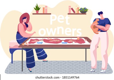 Young man fondles a cat, woman sitting at a table flat vector illustration. Happy pet owners playing a board game at home. Smiling guy stroking furry kitty. Cute domestic animal on owners hands