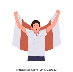 Young man football fan cartoon character holding flag and screaming loudly supporting favorite team