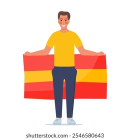 Young man football fan character holding flag, supporting favorite team. Soccer fan. Vector illustration