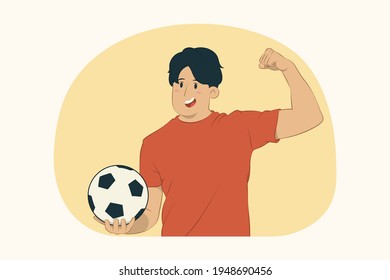 Young man football fan cheer up support favorite team with soccer ball showing biceps muscles concept