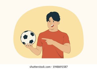 Young Man Football Fan Point Index Finger On Soccer Ball Concept