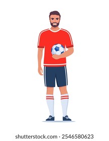 Junger Mann, Football oder Fußballer, der mit Ball in der Hand steht. Der Typ trägt Sportoutfit, Stiefel und Strümpfe. Vektorgrafik