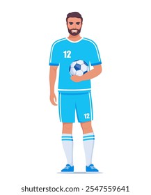 Junger Mann, Football oder Fußballer, der mit Ball in der Hand steht. Der Typ trägt Sportoutfit, Stiefel und Strümpfe. Vektorgrafik