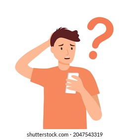 Young man forget password in online app or website in smartphone. Forgetful guy with question mark in flat design on white background.