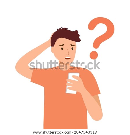 Young man forget password in online app or website in smartphone. Forgetful guy with question mark in flat design on white background.