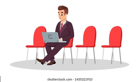 Young man in formal costume sitting on chair with laptop. Guy working in park, airport. Freelance, coworking concept. Businessman waiting for negotiation, job interview. Vector cartoon clipart.