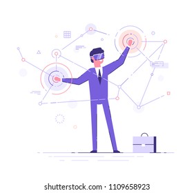 A young man in formal suit wearing virtual reality goggles and headset with a projection of a digital world. Business concept. Flat vector illustration.