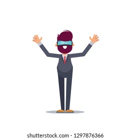 A young man in formal suit wearing virtual reality goggles and headset with a projection of a digital world. Business concept. Flat vector illustration. - Vector