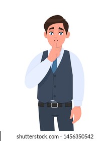 Young man in formal waistcoat asking silence. Sh! Keep quiet. Silence please! Male character design illustration. Human emotions, facial expressions, modern lifestyle, concept in vector cartoon.