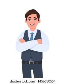 Young man in formal waistcoat standing crossed arms pose. Male character design illustration. Human emotions, facial expressions, modern lifestyle, concept in vector cartoon style. 