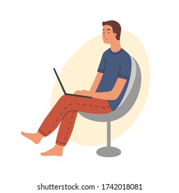 A young man freelancer or blogger work from home on a laptop or communicates in social networks and sitting in a comfortable chair, isolated vector. Modern flat stock illustration.