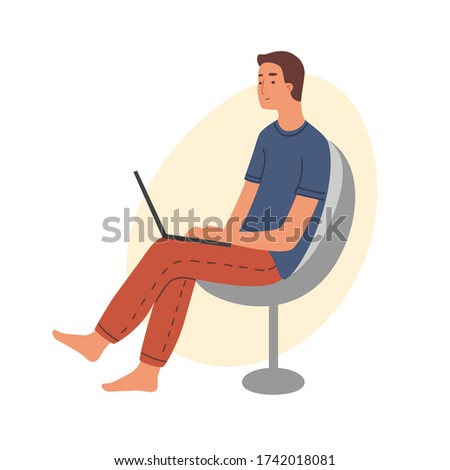 A young man freelancer or blogger work from home on a laptop or communicates in social networks and sitting in a comfortable chair, isolated vector. Modern flat stock illustration.