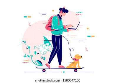 Young man freelancer with dog using laptop run on skateboard. Isolated concept handsome businessman character on modern vehicle, riding goes to work. Vector illustration