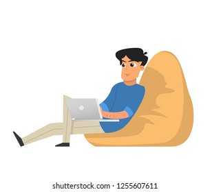 Young Man Freelancer with Laptop sitting in Frameless Armchair Working. Programmer and Designer, Gamer and Blogger Concept. Isolated on white background Cartoon Vector Illustration Character