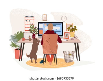 Young man freelancer sitting at desk and working on laptop or computer at home. People work at home in quarantine with pets. Online education or social media concept. Flat vector illustration.