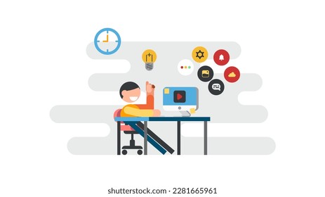 Young man or freelancer sitting on his a desk and working online with computer at home got idea