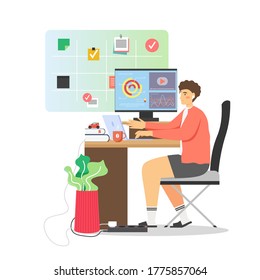 Young man freelancer sitting at table and working on laptop at home office, vector flat illustration. Home workspace with scrum board. Working remotely, freelancing concepts.