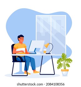 Young man freelancer sitting at the table and using computer. Vector flat cartoon businessman character illustration. Work at home, remote work, freelance online job concept