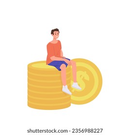 Young man freelancer or student cartoon character sitting on money gold coin stack isolated on white