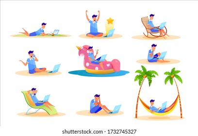 Young man freelancer in sunglasses working at inflatable set. Pink unicorn ring at ocean or swimming pool typing at laptop, drinking cocktail. Vector happy man work at beach resort. Work and travel.