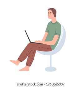 A young man freelancer work from home on a laptop or communicates in social networks and sitting in a comfortable chair, isolated vector. Modern flat stock illustration.