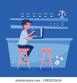 Young man freelancer working with his laptop in coffee bar cartoon composition blue interior background vector illustration 