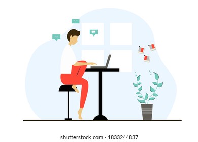 Young man is a freelancer working from home. Vector illustration in flat style. 