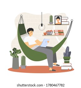 Young man freelancer working on laptop at home lying in hammock, vector flat illustration. Remote work, freelancing, home workplace.