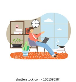 Young man, freelancer working on laptop computer from home in comfortable living room sitting on chair, flat vector illustration. Freelance, remote work, home office workspace.