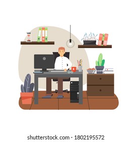 Young man, freelancer working on computer from home office sitting at table, flat vector illustration. Freelance, remote work, home workplace.