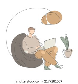 Young man freelancer working on laptop at home vector graphic.People at home in quarantine.Working at home concept illustration,continuous line drawing.Minimal art design