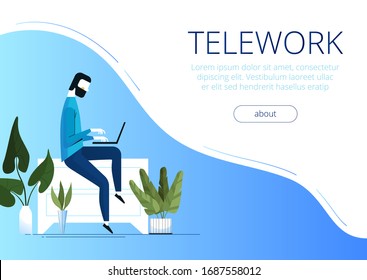 Young man freelancer working remotely from home. The concept of telework during quarantine and isolation due to the new coronavirus COVID-2019