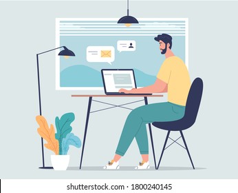 Young man freelancer works at home vector illustration 