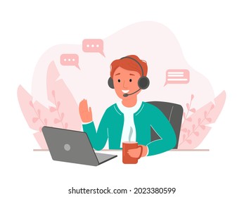 A young man, a freelancer works on a computer, laptop, communicates virtually from home. The concept of a webinar, a call center, a remote life during quarantine. Vector graphics.