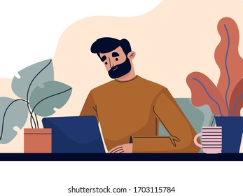 Young  man freelancers working on laptops at home.Modern workplace interior with computer on table.Vector flat style illustration with boy what study at home.Quarantine covid-19