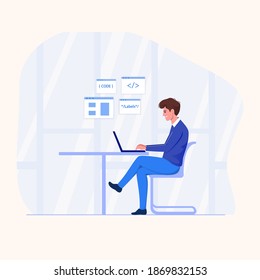 Young man freelancers working on laptop. Flat character vector illustration.