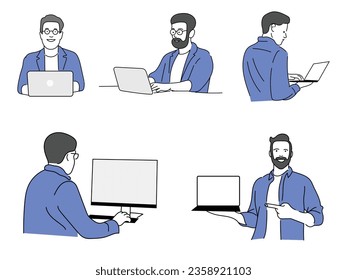 Young man freelancers ,Working on laptops and computers at home or office. Working at home, Illustration material of a businessman man operating a laptop computer